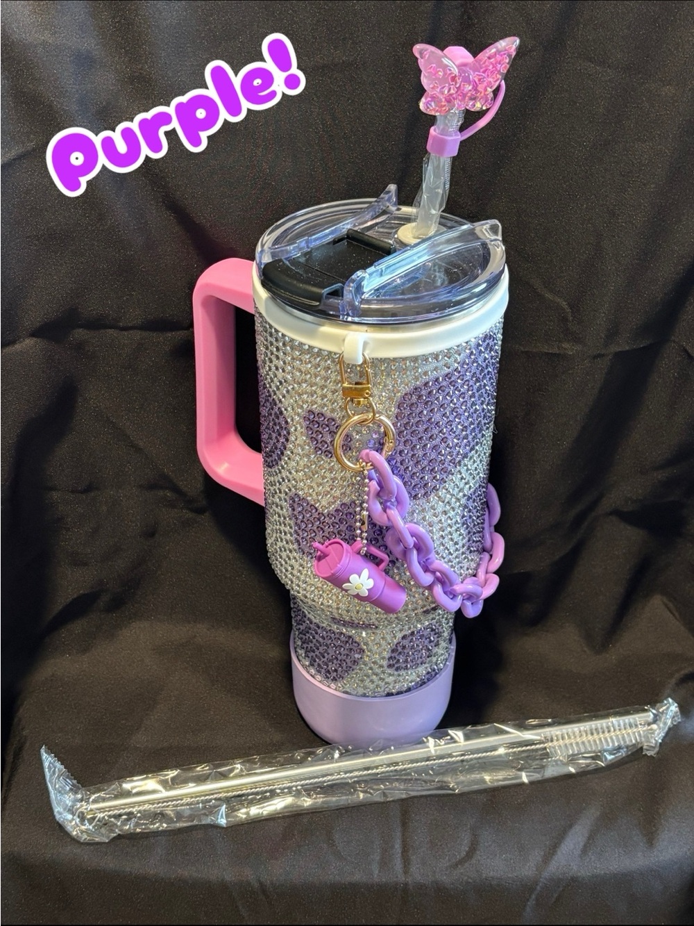 Purple Cow Print Rhinestone Tumbler with Pearl Chain